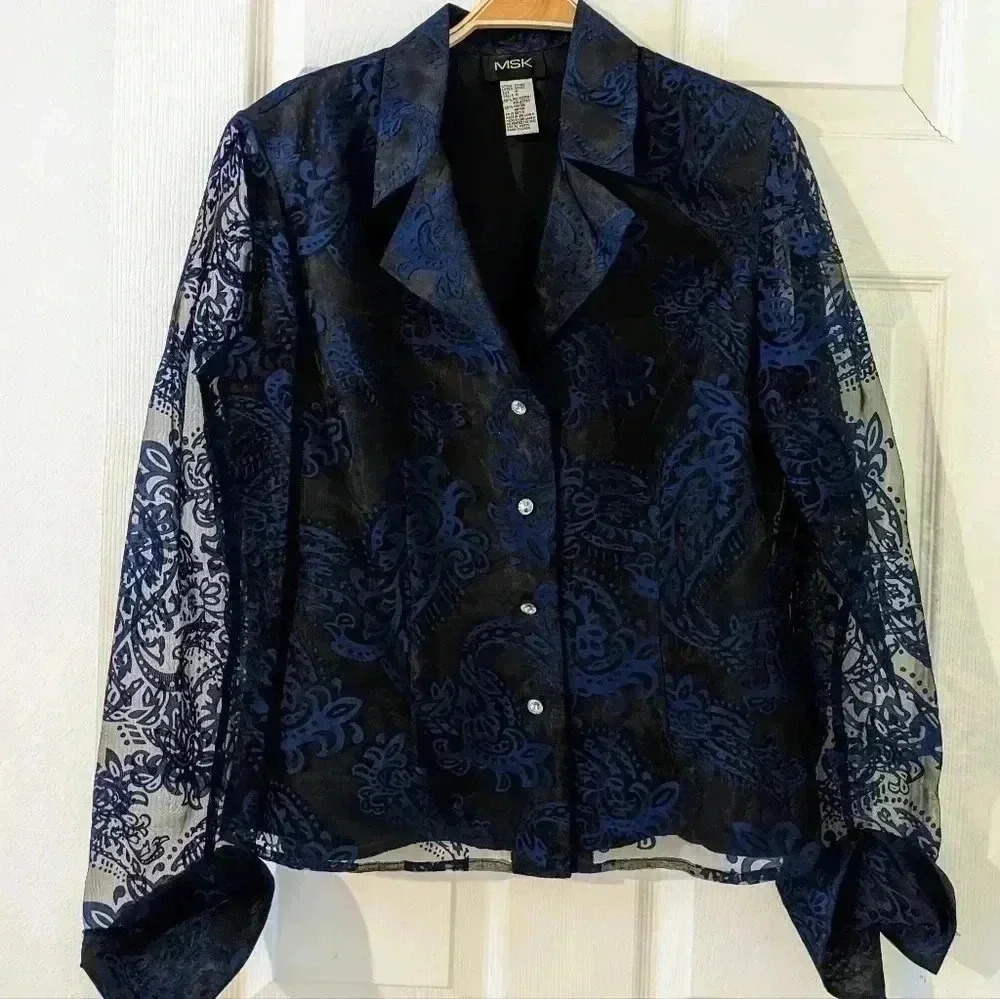 MSK Women's Black & Blue Paisley Print Sheer Button Down Blouse Top Medium